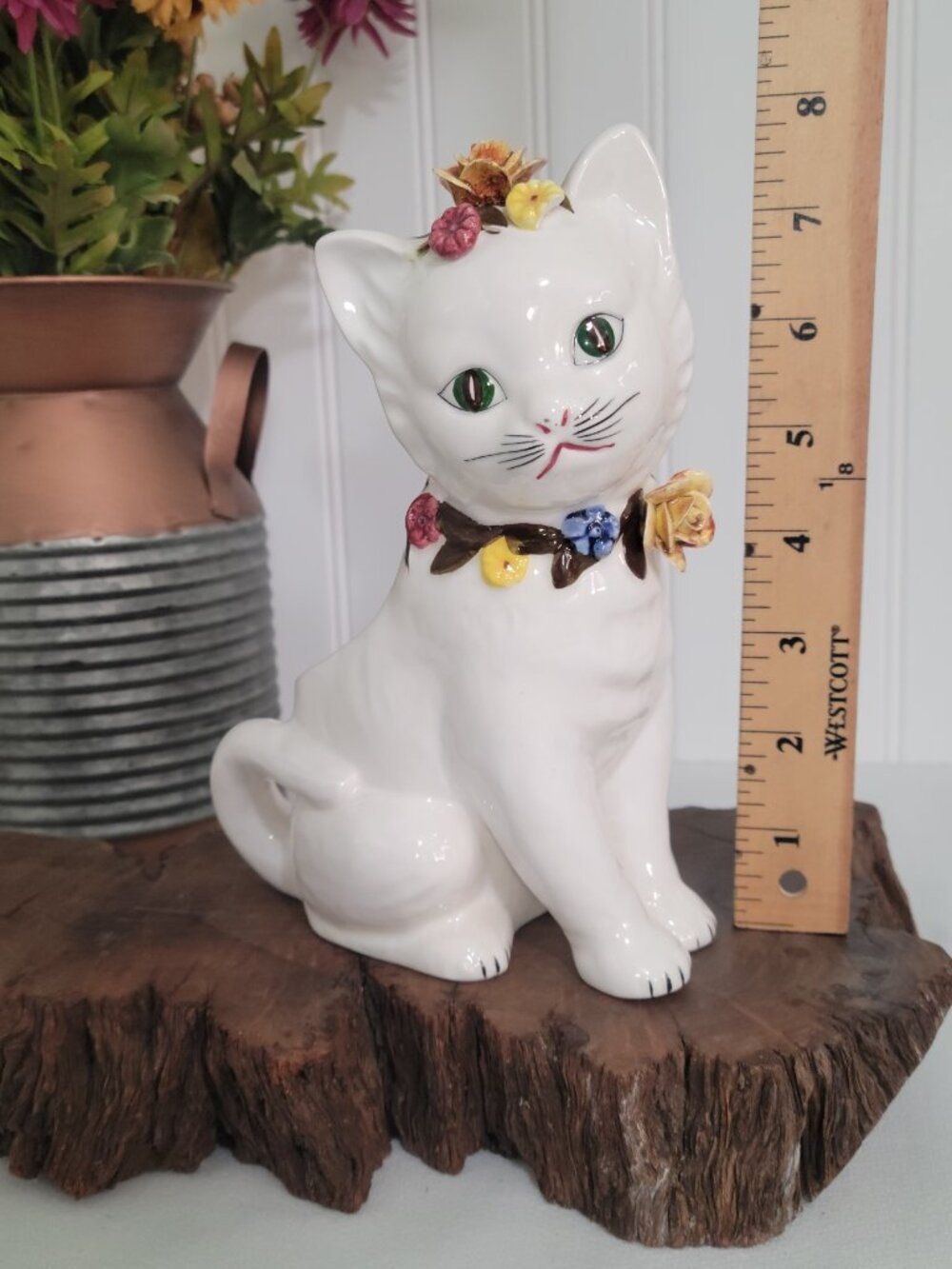 Vtg Retro Kitschy MCM Cottagecore White Ceramic Cat Kitten 3D Floral Planter - Picture 9 of 12